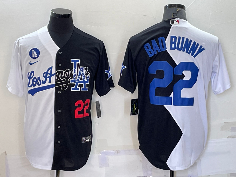 Men's Los Angeles Dodgers #22 Bad Bunny 2022 All-Star White/Black Split Cool Base Stitched Baseball Jersey Men's Los Angeles Dodgers #22 Bad Bunny 2022 All-Star White/Black Split Cool Base Stitched Baseball Jersey